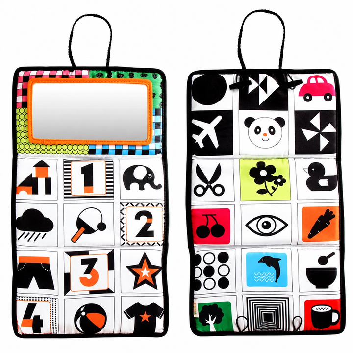 Both sides of a fabric sensory mirror panel with bold pictures, numbers, and colorful accents