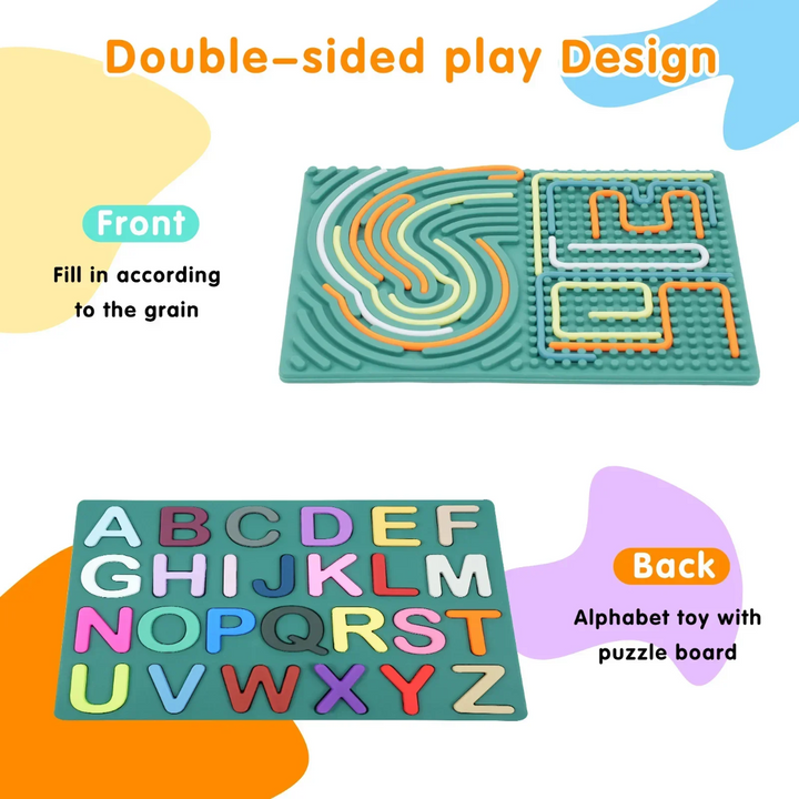 Both sides of a green activity board, showing string patterns on one side and alphabet letters on the other