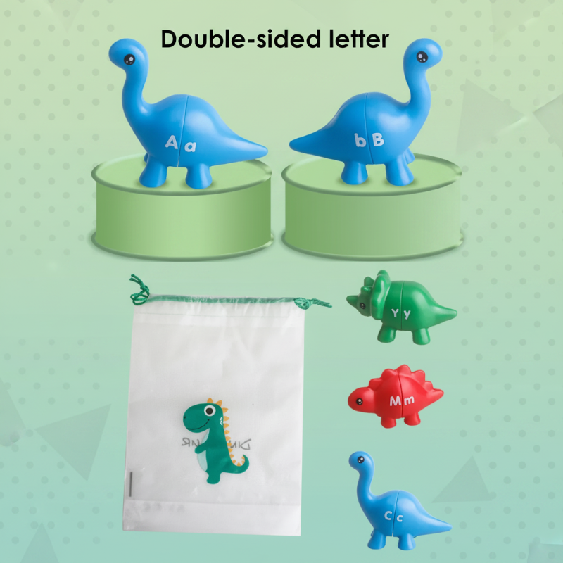 Blue dinosaurs showing double-sided letter markings beside other figures and a drawstring bag