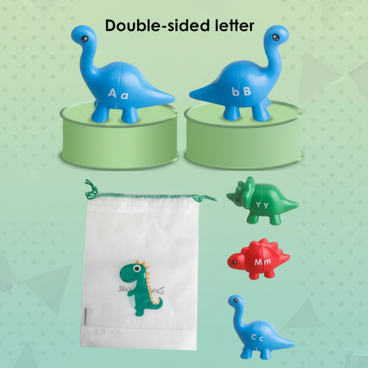 Blue dinosaurs showing double-sided letter markings beside other figures and a drawstring bag