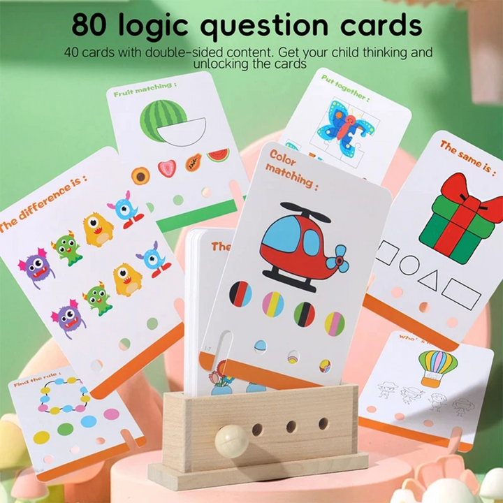 Assorted double-sided logic cards with color, matching, and picture puzzles beside a wooden holder.