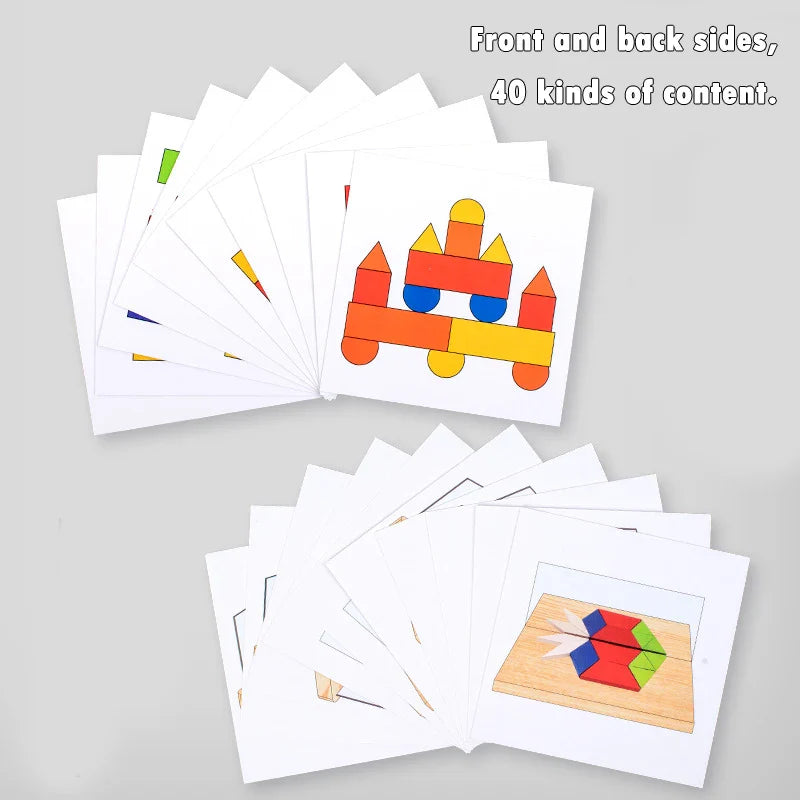 Double-sided pattern cards showing colorful block builds and mirrored shape designs.