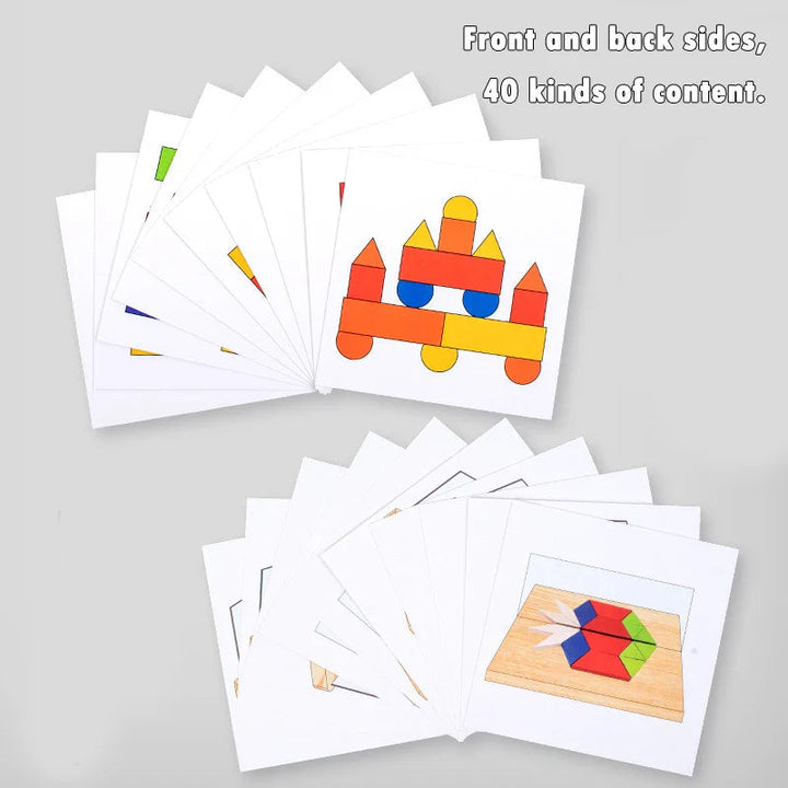 Double-sided pattern cards showing colorful block builds and mirrored shape designs.