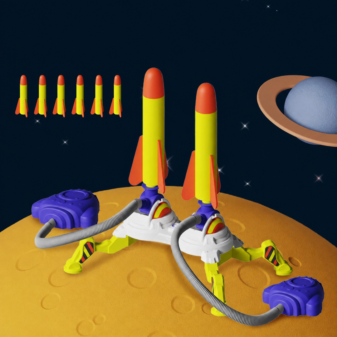 Double launcher with two purple foot pedals, gray air hoses, and six standard rockets shown in the set illustration.