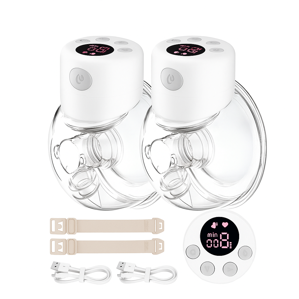 Two white wearable breast pumps with adjustable clips, USB cables, and an LCD control inset