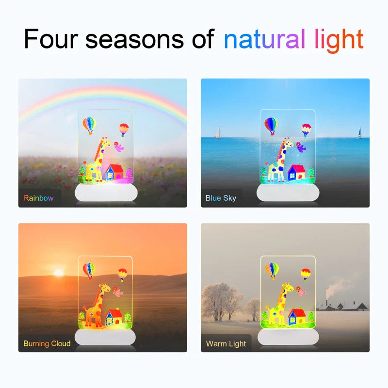 Drawing board shown in four lighting modes: rainbow, sky, sunset, and warm light