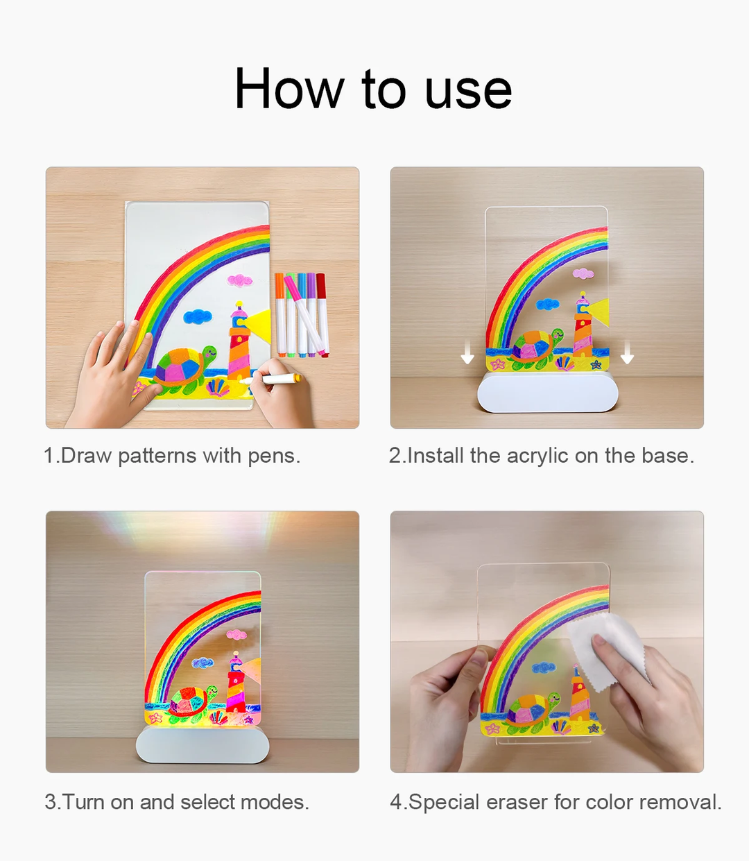 Illustrated steps for drawing on the panel, fitting the base, choosing a light mode, and wiping it clean