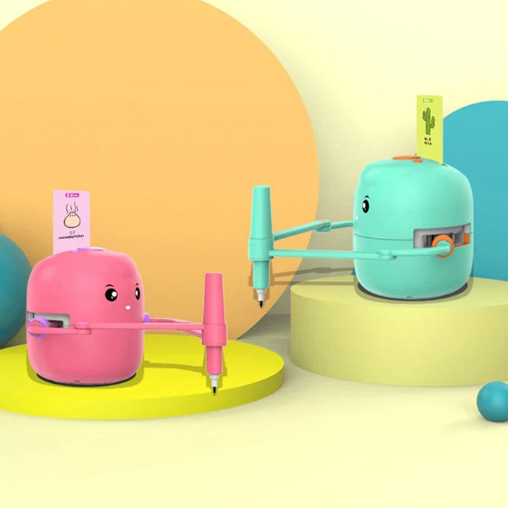 Pink and green drawing robots displayed with drawing cards on colorful platforms