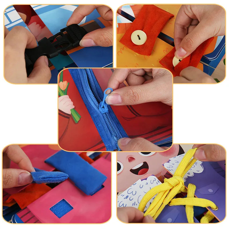 Hands using a buckle, button, zipper, hook-and-loop tabs, and laces on a dress-up activity book