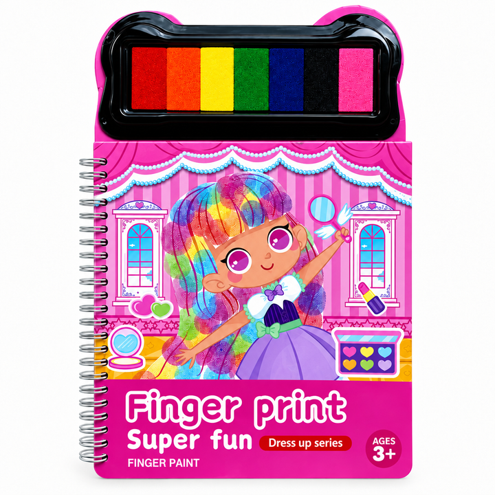 Dress-up spiral finger painting book with a colorful character cover and integrated paint pad