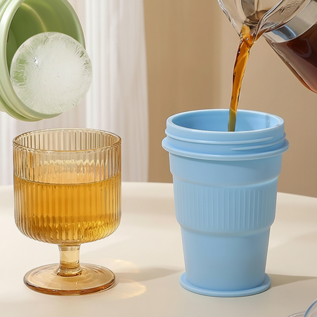 A drink being poured into an open blue silicone cup beside a glass