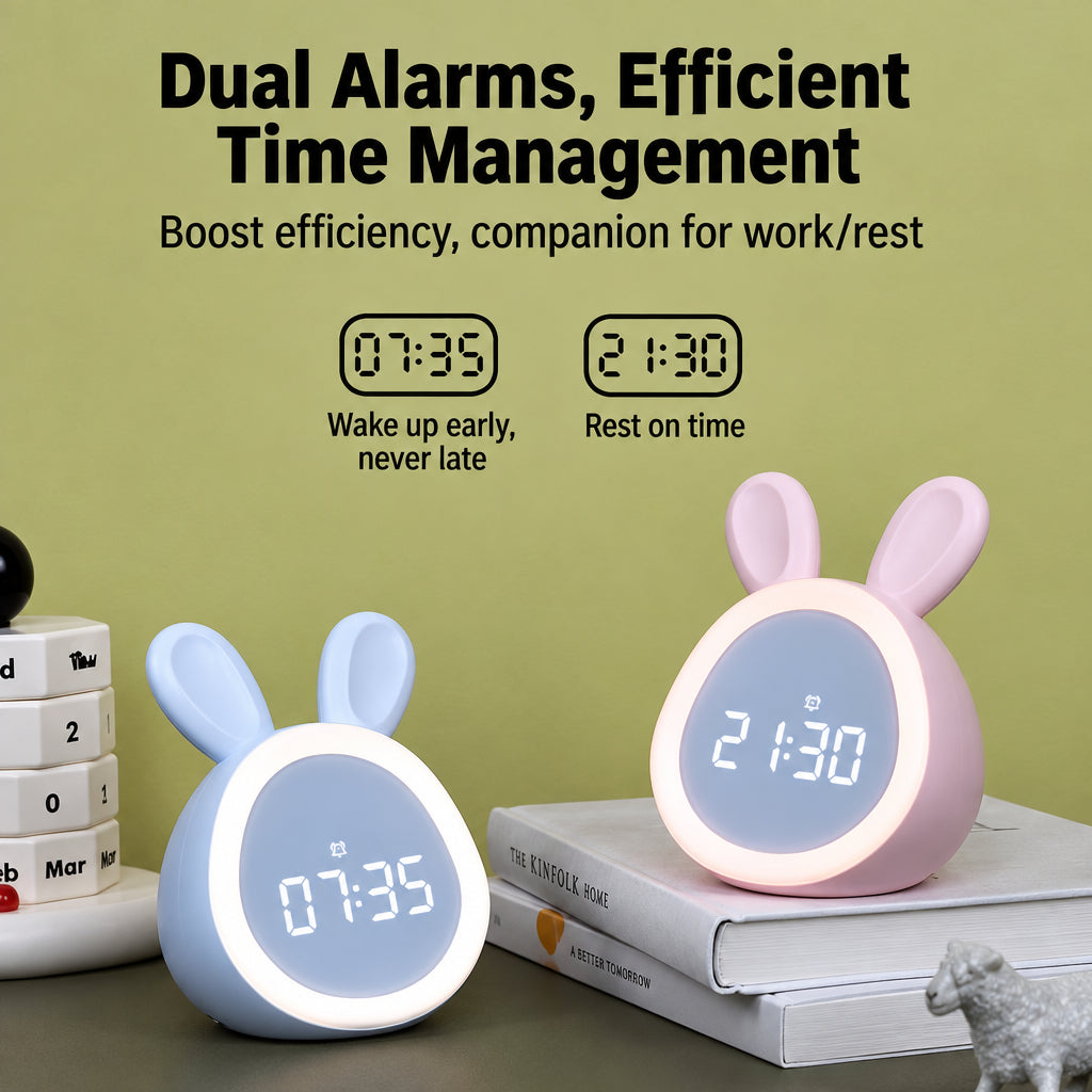 White and pink bunny alarm clocks displaying two different times
