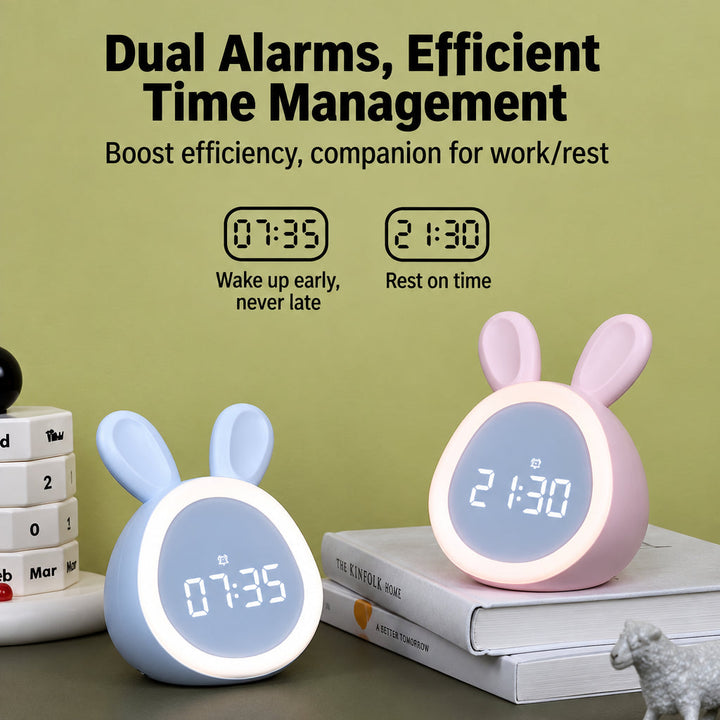 White and pink bunny alarm clocks displaying two different times