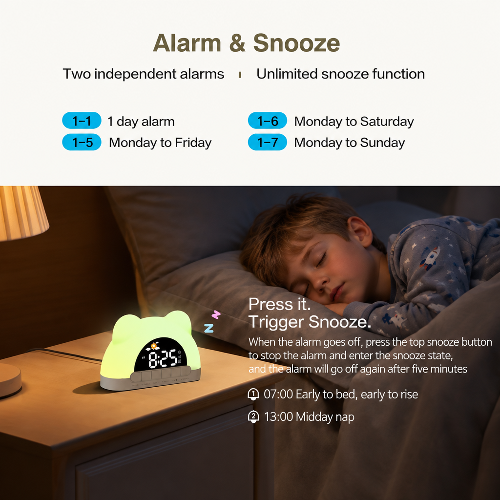 Dual-alarm and snooze guide with a child sleeping beside a green-lit clock.