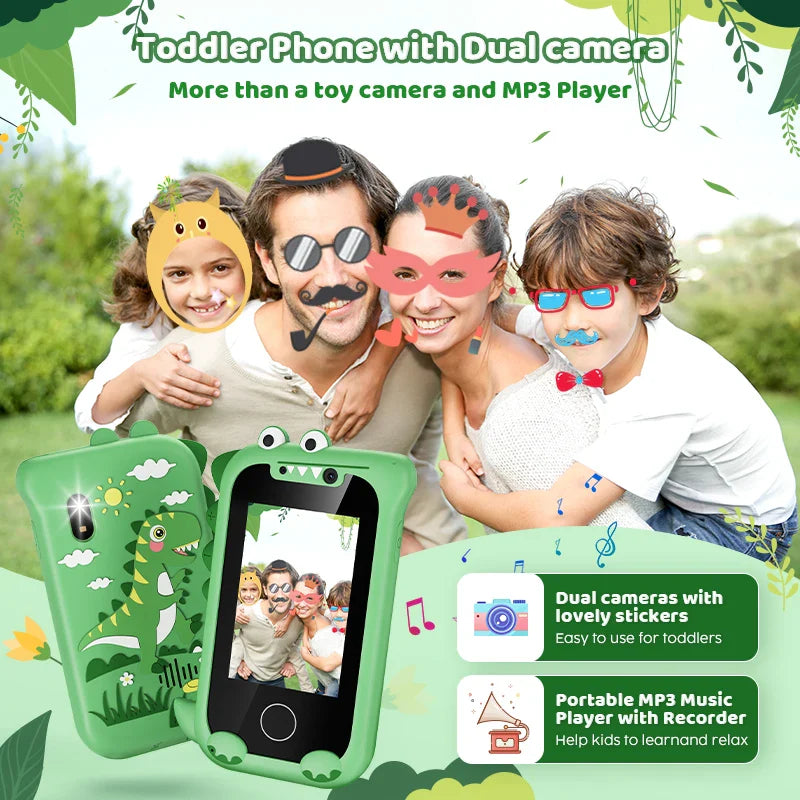 Dual-camera toy phone graphic with a family picture, playful photo effects and music features