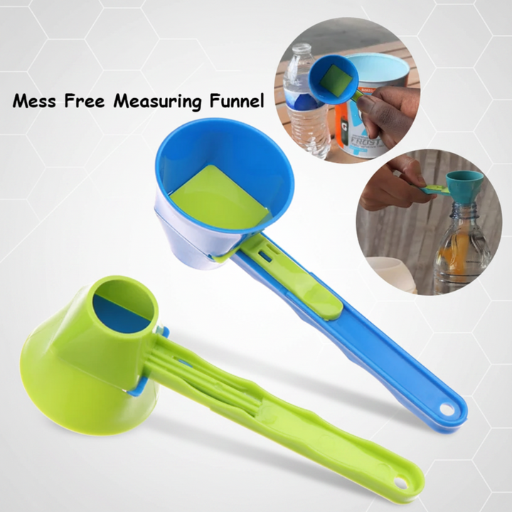 Blue and green scoop-and-funnel tools with inset views of powder being poured into bottles