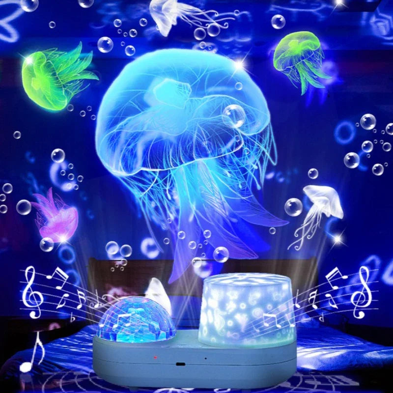Dual-lens night light with colorful jellyfish projections and illustrated musical notes.