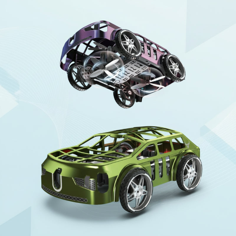 Purple car shown airborne above a green car in a land-and-air mode display