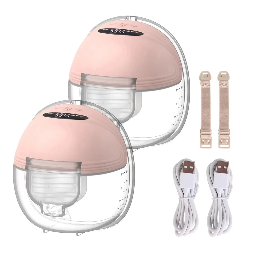 Double set with two pink breast pumps, two USB charging cables and two bra clips