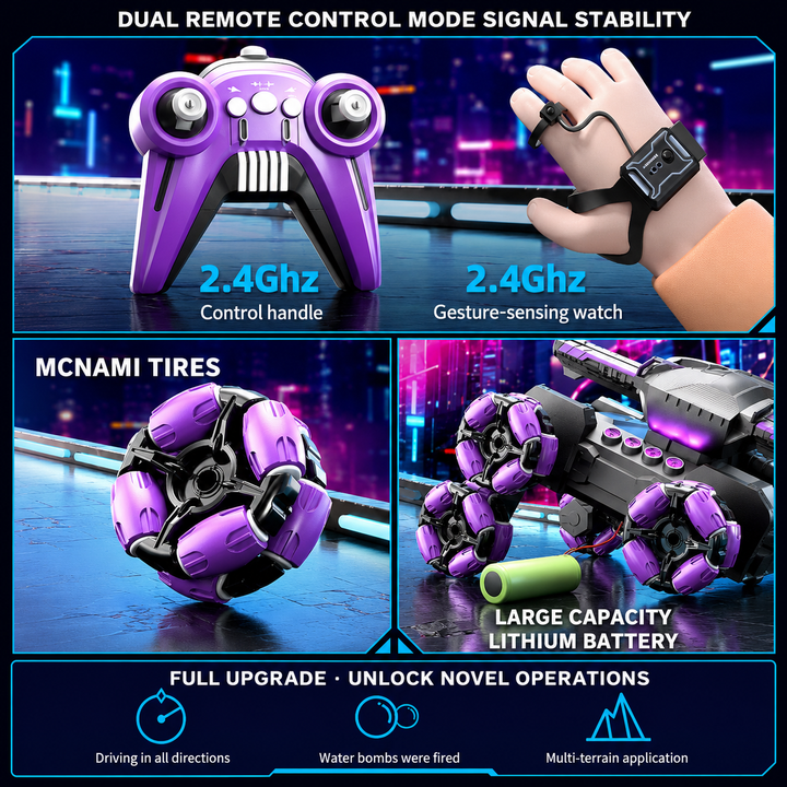 Dual-control diagram showing the handheld remote, wrist controller, roller wheels, and lithium battery