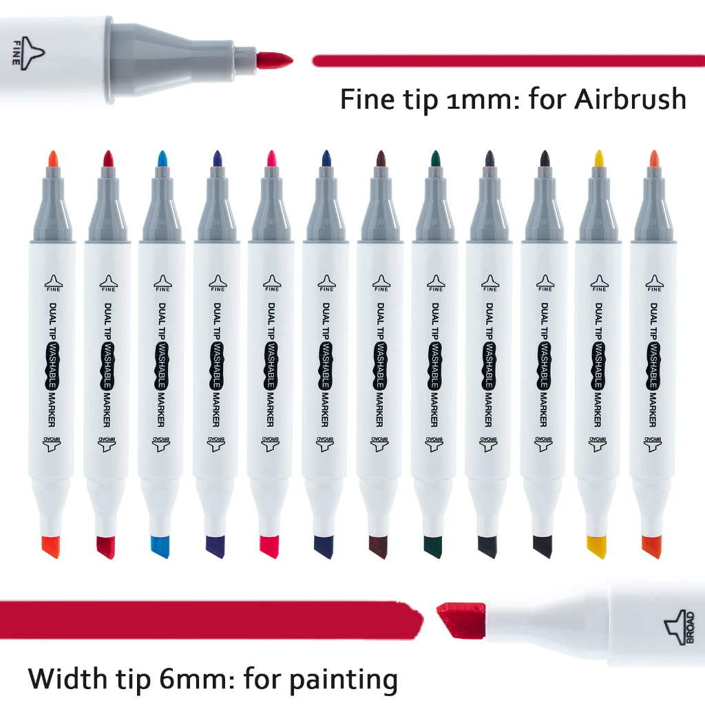 Dual-tip colored markers with 1 mm fine tips for airbrushing and 6 mm broad tips for drawing