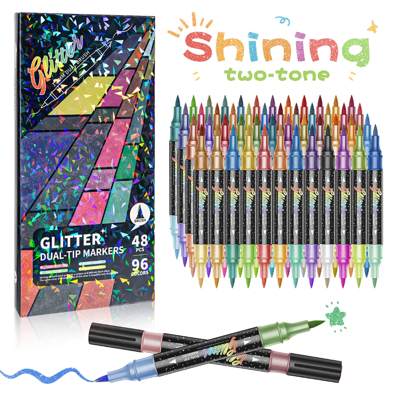 Boxed 48-marker set with 96 colors and dual-ended markers on display