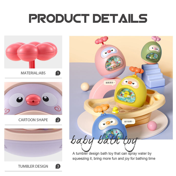 Detail collage showing the flower handle, duck face, rounded base, and colorful bath toy designs