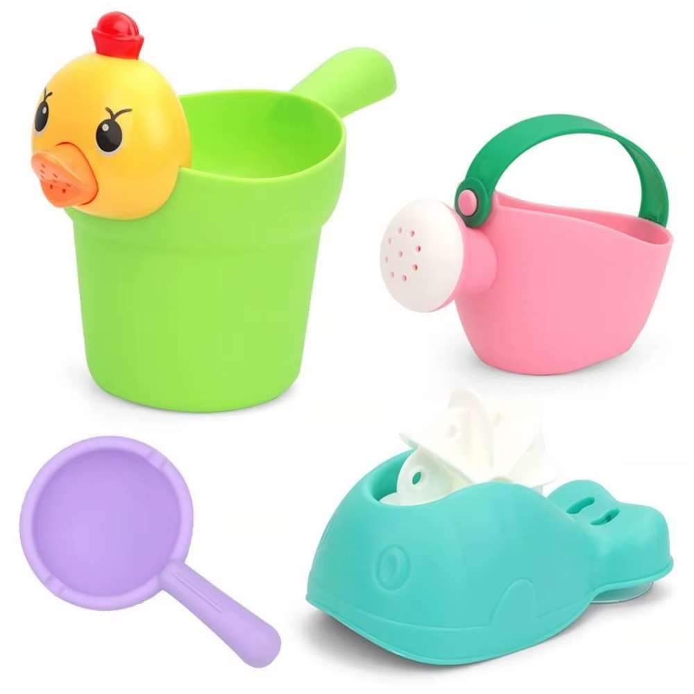 Four-piece Duck set with an animal bucket, watering can, solid purple scoop, and water wheel