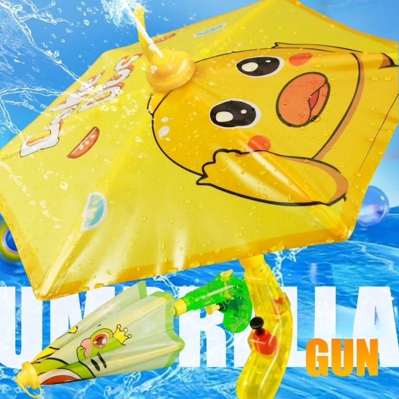 Yellow duck umbrella water gun spraying water from the canopy tip