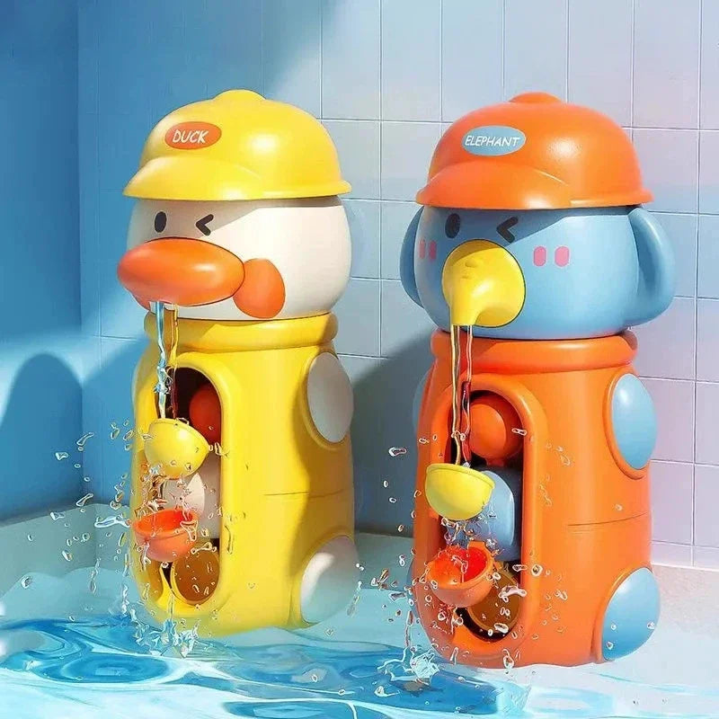 Yellow duck and orange elephant bath spinners with water flowing through their colorful cups