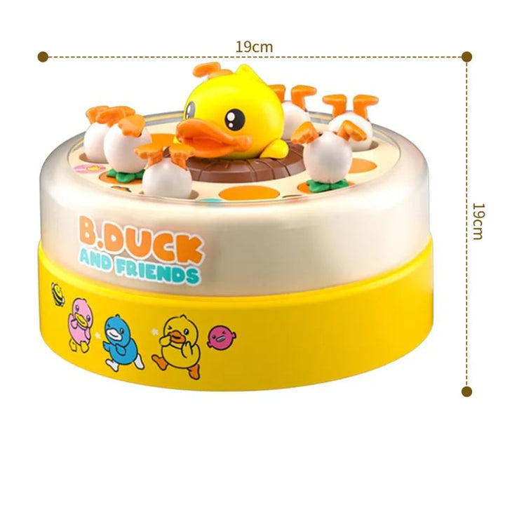 Duck-catching board game shown with approximate 19 by 19 cm dimensions
