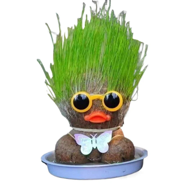 Duck-style grass figure with yellow glasses, an orange bill, and a butterfly in a blue bowl