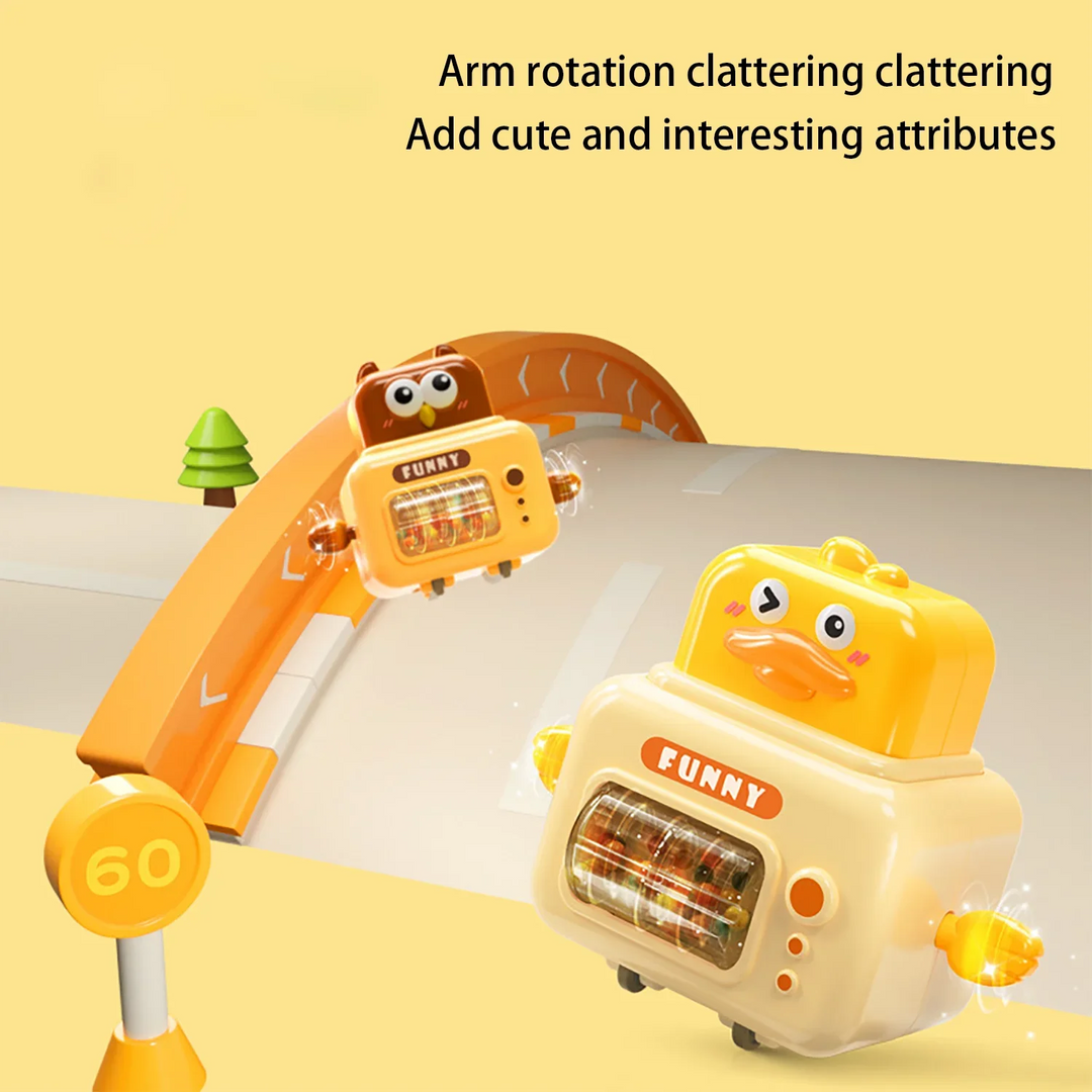 Yellow duck and brown owl toy cars demonstrating rotating side arms