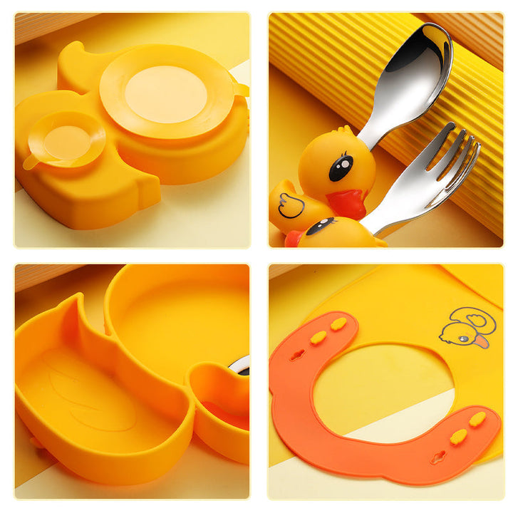 Duck set details showing the plate base, divided sections, duck-handled cutlery, and bib