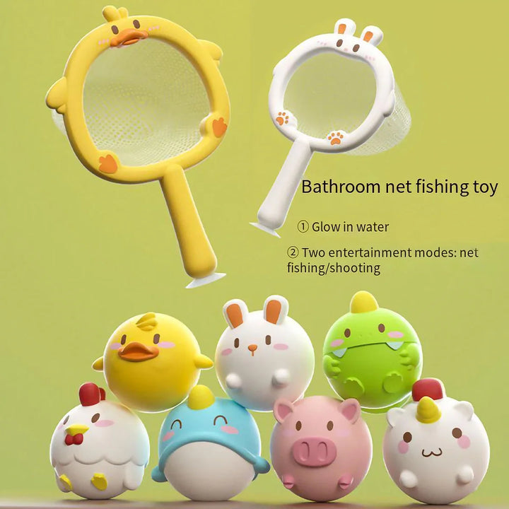 Yellow duck and white rabbit bath nets displayed with an assortment of animal toys