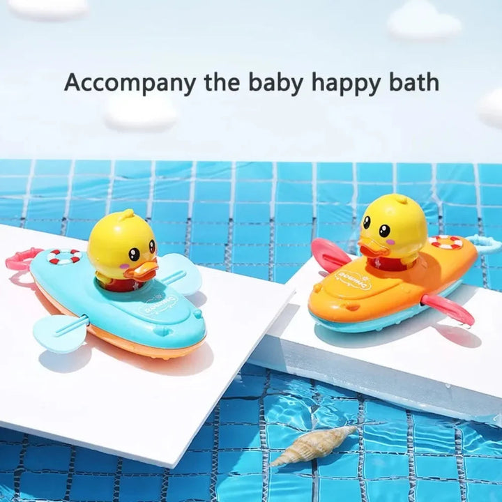 Blue and yellow duck boat color options displayed on white poolside tiles