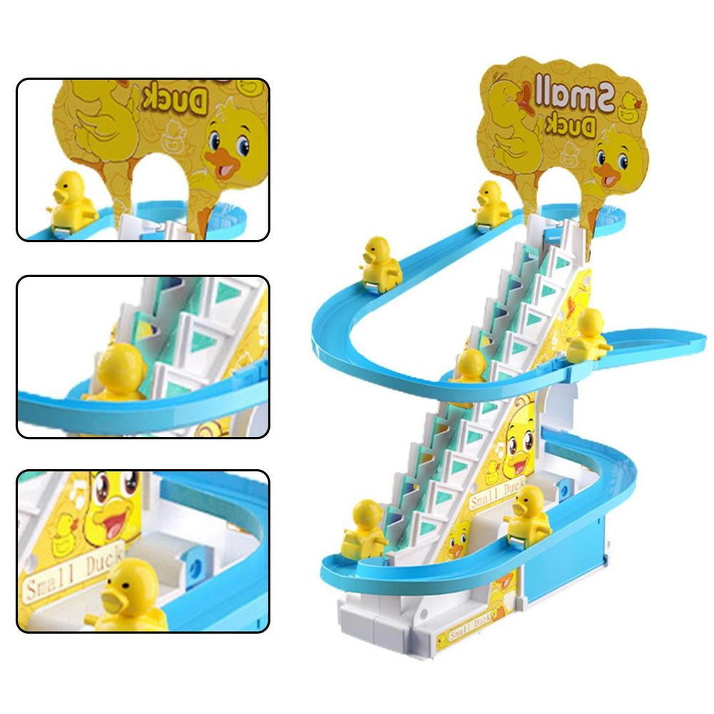 Duck slide toy with close-up views of the yellow ducklings, stairway, and blue track.
