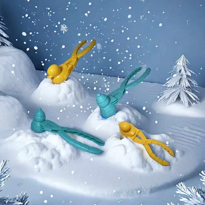 Duck and snowman mold clips displayed in a snowy scene