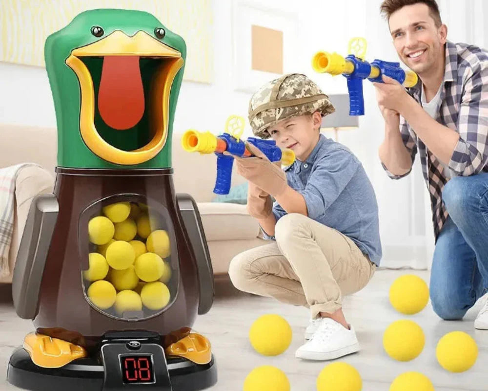 Child and adult aiming blue-and-yellow toy rifles at a duck target with yellow balls