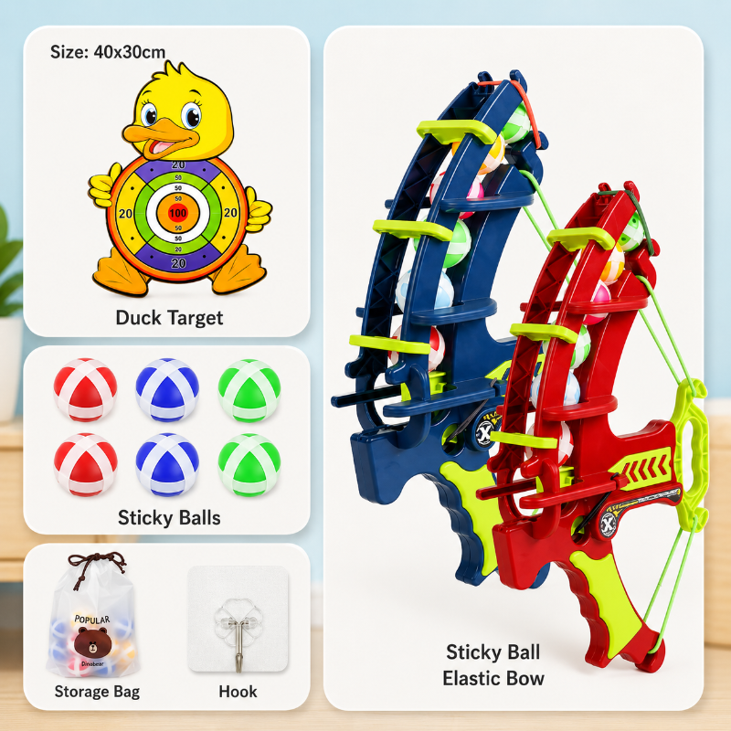 Duck target with sticky balls, a storage bag, a hook, and red and blue launcher options