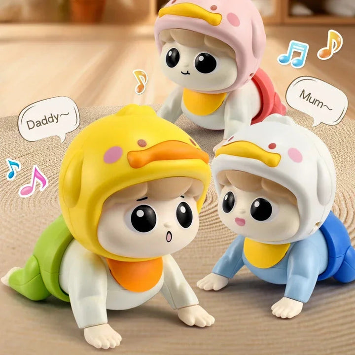Yellow, pink, and white duck-themed crawling dolls with colorful outfits