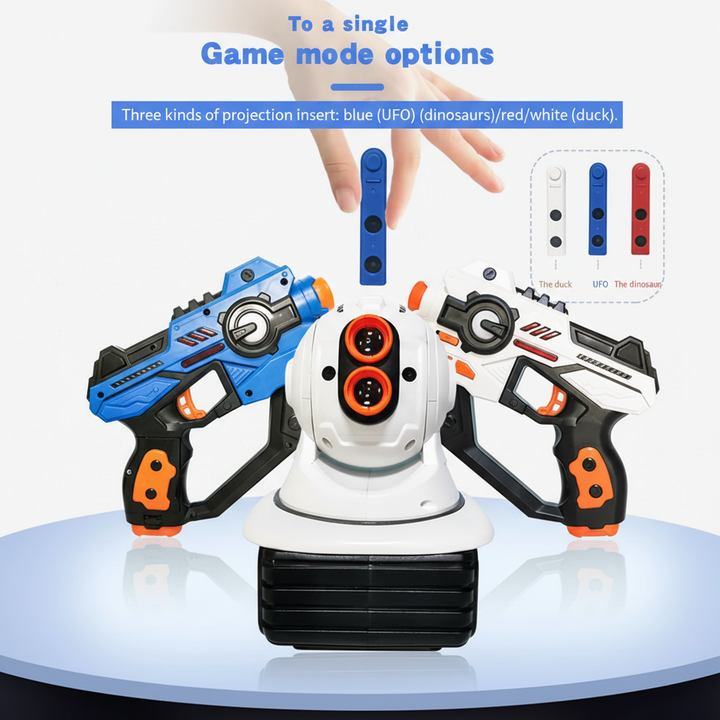 Projection theme chart with white, blue, and red inserts above two blasters and a projector.