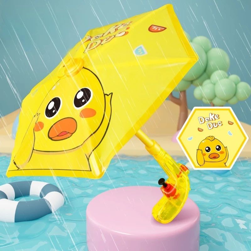 Yellow duck umbrella water gun displayed on a pink pedestal