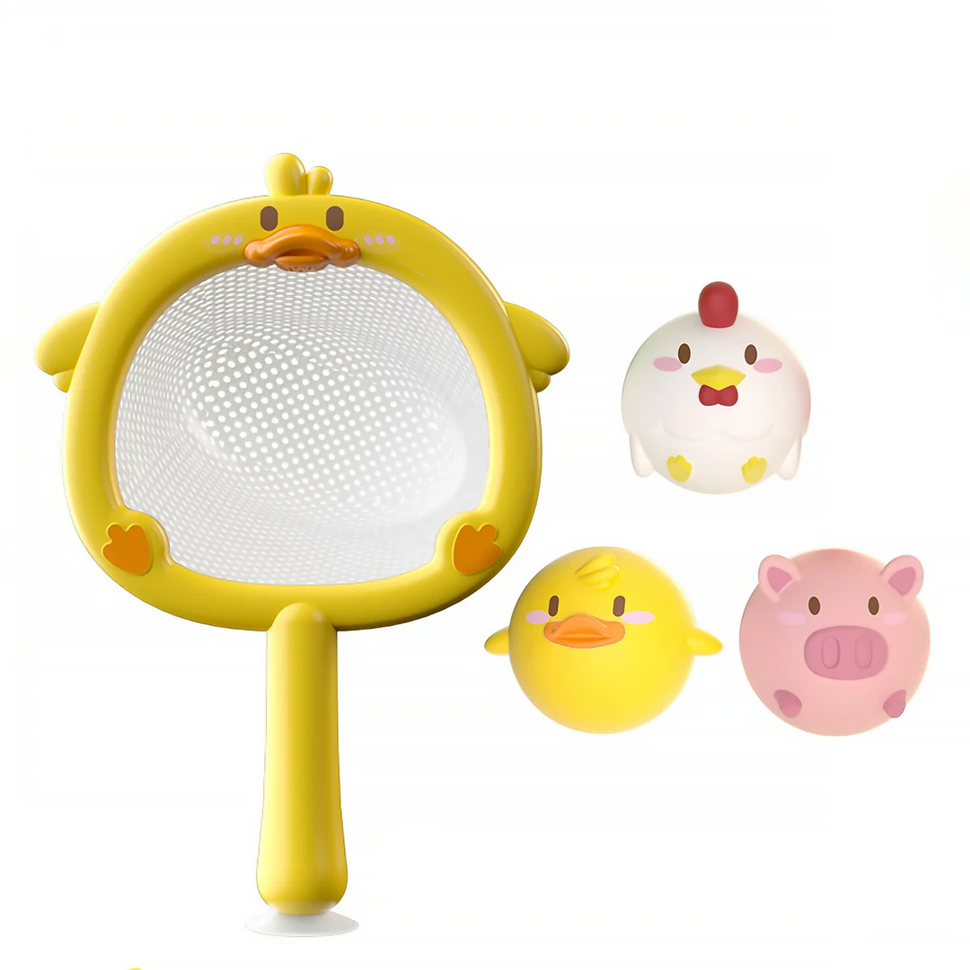 Ducky set with a yellow duck-shaped net and duck, chicken, and pig toys