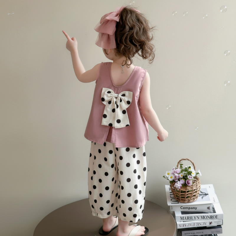Back of a dusty pink sleeveless top with a polka-dot bow and coordinating dotted pants