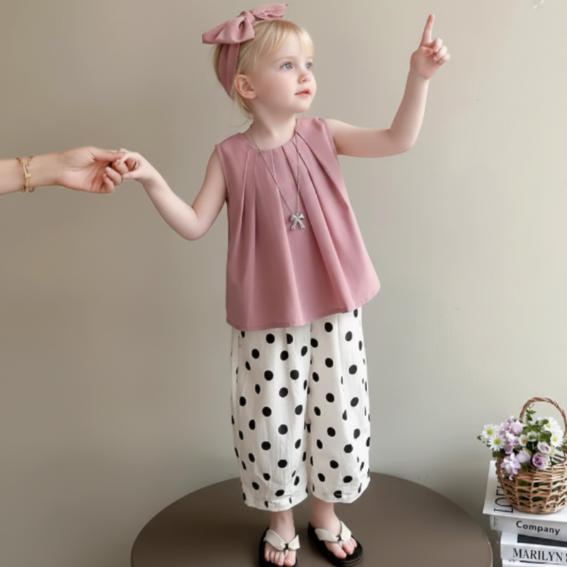 Child wearing a dusty pink sleeveless top and white pants with black polka dots