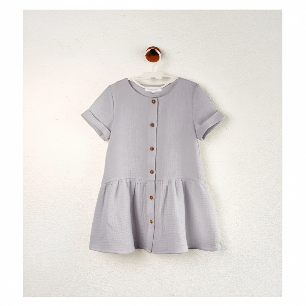 Front view of the Dusty Purple dress with short sleeves, front buttons, and a gathered skirt.