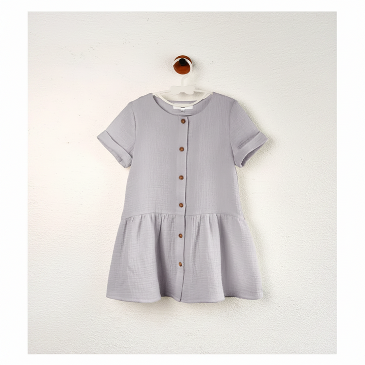 Front view of the Dusty Purple dress with short sleeves, front buttons, and a gathered skirt.