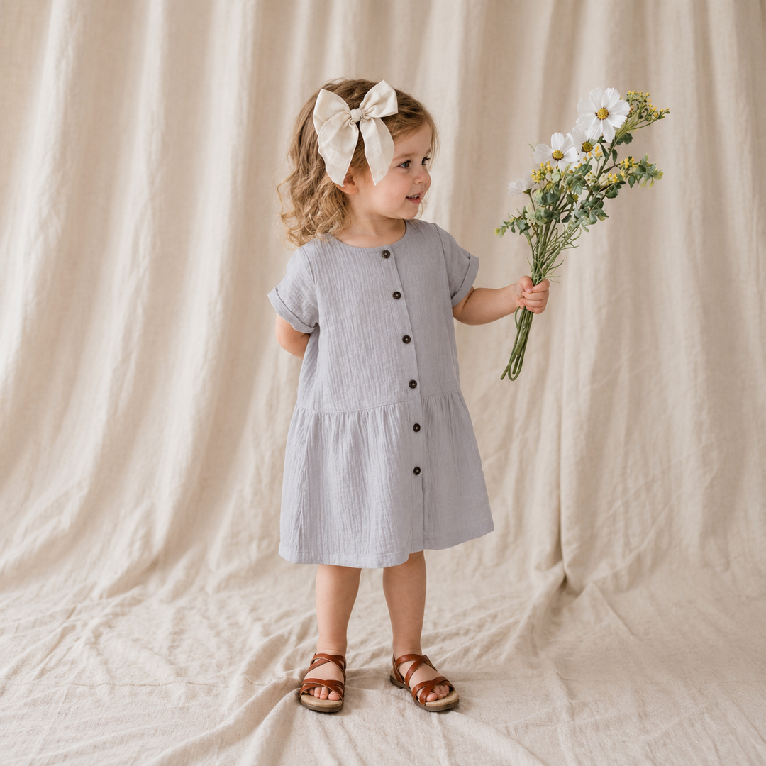 Girl wearing the Dusty Purple A-line dress with sandals and holding flowers.
