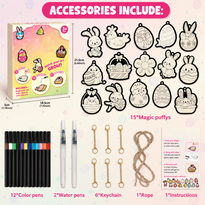Easter craft kit contents and box measurements with bunny and egg patterns, markers, water pens, clips, and string